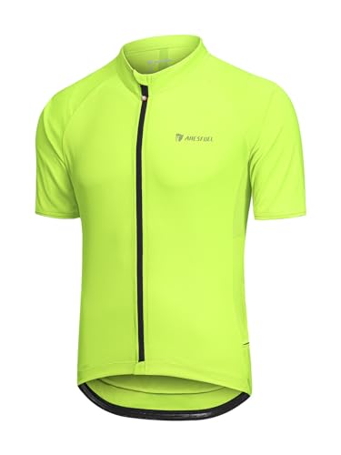 ARESFUEL Maglia da Ciclismo Uomo Maniche Corte da Ciclismo su Strada Maglia da Ciclismo Ultra Morbida 6 Tasche Top da Ciclismo Mountain Bike 4027 Verde Neon L