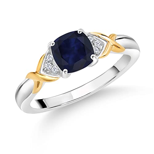 Gem Stone King 925 Sterling Silver and 10K Yellow Gold 2 Tone Blue Sapphire and White Lab Grown Diamond Women Engagement Ring (1.33 Cttw, Cushion 6mm, Available In Size 5, 6, 7, 8, 9)