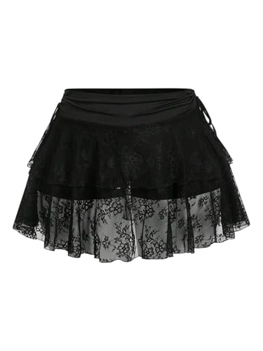 Verdusa Women's Plus Size Y2k Lace Sheer A Line Mini Skirt Ruched Tiered Layered Drawstring Ruffle Skirts