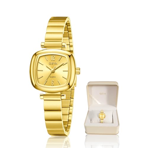 GeYa Vintage Gold Watches for Women Dainty Ladies Dressy Bracelet Watch Designer Minimalist for Small Wrist Analog Quartz Stainless Steel Classic Water Resistant Square Case 6