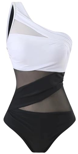 Runtlly Maiô feminino de um ombro só, plus size, com estilo de malha transparente, Branco preto P, G