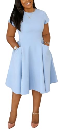 Image of Summer Dresses for Women Semi-Formal Fit Casual Slim Short Sleeve O-Neck Elegant Swing A Line Midi Dresses with Pockets