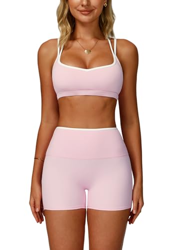 ABOCIW Workout Sets for Women 2 Piece Color Block Strappy Sports Bra High Waist Shorts Gym Set Yoga Pilates Outfits Athletic Work Out Clothes Pink Small