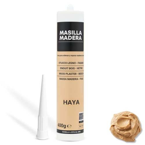 Masilla Madera Haya, Ideal para rellenar y y reparar madera al interior, Masilla lista al uso, Rellenadora de agujeros, Formato cartucho para pistola, Color Haya, Contiene 400 gramos