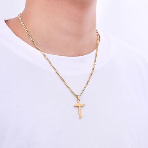 Fiusem Cross Necklace for Men and Women, Gold Plated Mens Cross Necklaces with 3.5mm Cuban Chain, Stainless Steel Pendant Chain 16-24 Inches4