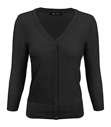 YEMAK Women's Knit Cardigan Sweater â€“ 3/4 Sleeve V-Neck Basic Classic Casual Button Down Soft Lightweight Knitted Top CO078-BLK-L Black