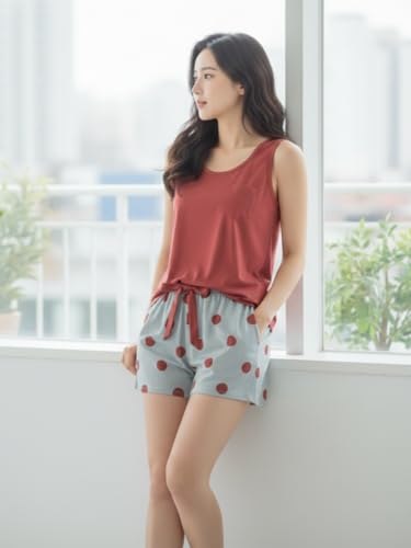 Image of Celary Korean Women Pyjama Set |Cute Printed Sleeveless Cotton Blend Top & Shorts Pyjama Set | Soft Breathable Summer Sleepwear & Loungewear for Ladies | Shorts Set for Women