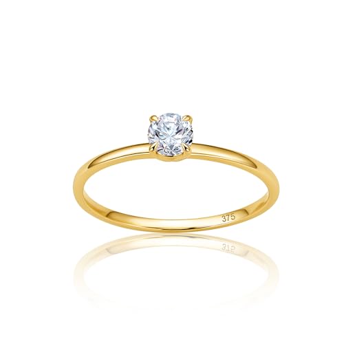 OROVI Ring Gold 9 k (375) Gelbgold Verlobungsring Damen mit Zirkonia Stein Goldring mit Stein Ring Damen Gold Schmuck Goldene Trauringe Hypoallergener Schmuck inkl. Edler Schmuckbox