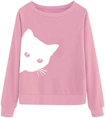 Nihewoo Women Sweater Girl Junior Hoodies Pullover Cat Printed Blouse Tops Long Sleeve Jumpers Loose Sweatershirts Pink