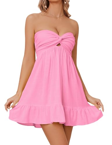 Image of HOCANDY Womens Strapless Mini Dress Twist Knot Front Cut Out Babydoll Dress Smocked Backless Ruffle Hem Tube Dresses
