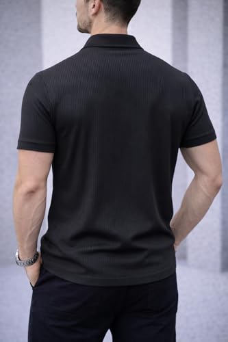 Image of Mack Jonney Men Ribbed Polo T-Shirt | Regular Fit | Half Sleeve | Zip Collar Casual T-Shirt-MJ-94