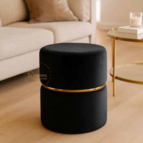 Image of Wooden Puffy Stool for Living Room Round Footstool - Ottoman Stool for Living Room Furniture Round Ottoman - Sitting Pouffe Ottoman Stool /Room Dcor /Office Stool - Black