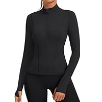 Rapbin Women's Gym Tops Long Sleeve Workout Running T-Shirt Breathable Running Jacket with Zip Side Pockets and Thumb Holes(Black,M)