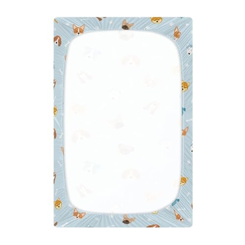 Image of Fitted Crib Sheets Dog Blue Footprint Bone Stretchy Portable Playard Sheets for Baby Toddler, Breathable Soft Mini Crib Mattress 39 x 27 in for Boys and Girls