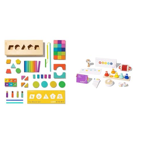 Image of Lovevery | The Block Set | Solid Wood Building Blocks and Shapes + Wooden Storage Box, 70 Pieces & The Music Set | 6 Instruments and Rhythm & Songs Book, Toddler and Kids Music Toys