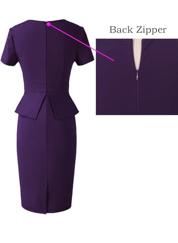 Image of VFSHOW Womens Pleated Crew Neck Peplum Work Business Office Church Bodycon Pencil Sheath Dress