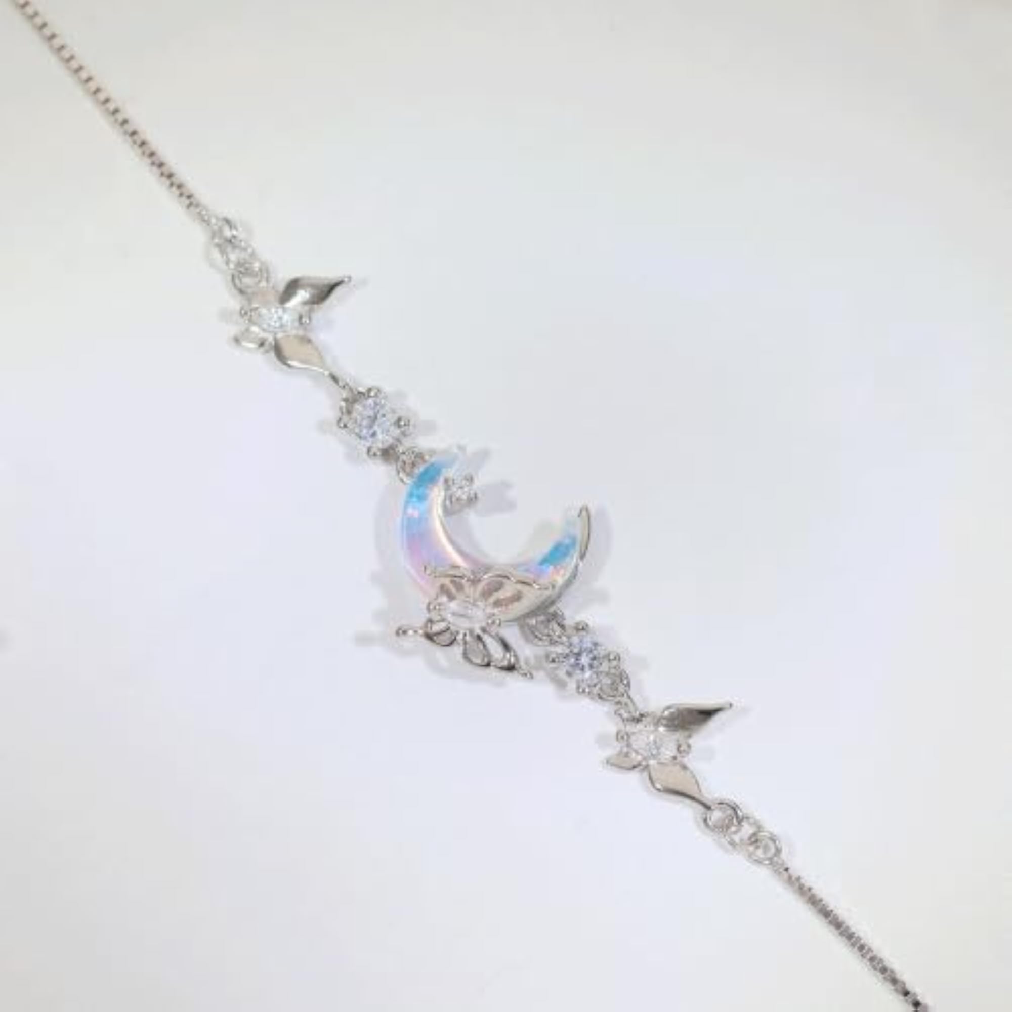 925 Sterling Silver Crescent Moon Bracelet with Butterfly Charms