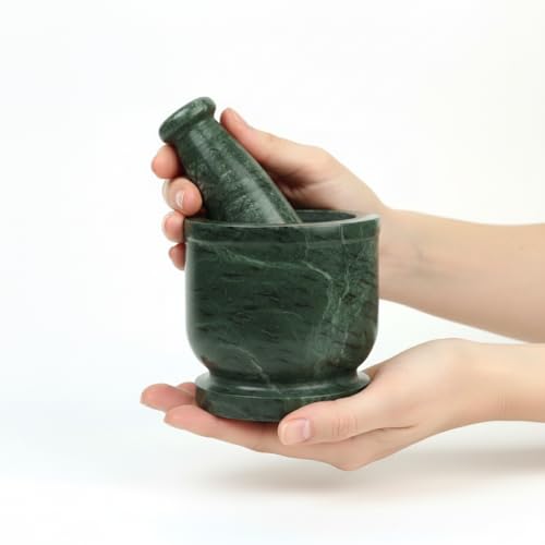 Image of B.R. & Sons Marble Mortar and Pestle Set | Stylish Imam Dasta, Ohkli Musal for Spices & Herbs - Available in Various Shapes & Colors (GREEN, 4x4 Inches)