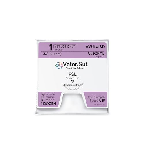 Image of VeterSut VetCRYL Absorbable Polyglactin Surgical Suture USP Size 1, (FSL) 3 /8 30mm Reverse Cutting Needle, 36 Inches (90 cm), 12 Count, Veterinary Use