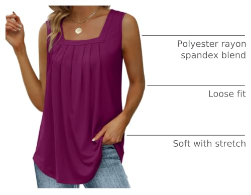 Image of Saloogoe Summer Tank Tops for Women Loose Fit Pleated Square Neck Sleeveless Tops Curved Hem Flowy