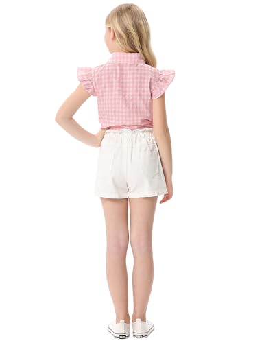 Image of Girls Sleeveless Plaid Button Down Shirt Summer Crop Tops Tie Knot Ruffle Sleeve Shirt Blouse 3-12Y
