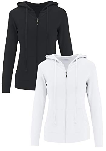 ClothingAve. Womens Basic Cotton Blend Long Sleeve Zip-Up Hoodie/Jacket Lightweight 2 Pack : Zip Up - Black, White Large