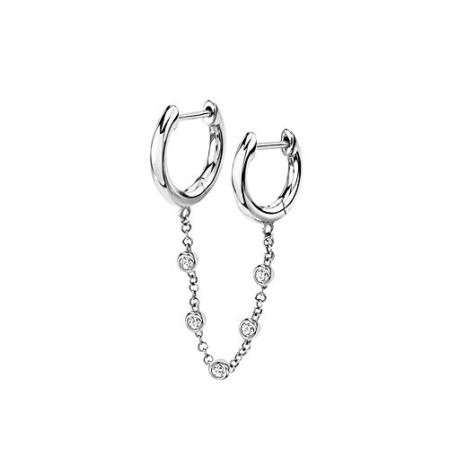 Double Hoops Cz Chain Drop Dangle Cartilage Small Hoop Earrings For Women Teen Girls 925 Sterling Silver Punk Unique Personalized Hypoallergenic Climber Crawler Two Holes Earrings Bff 1Pcs (Silver) #TOP8