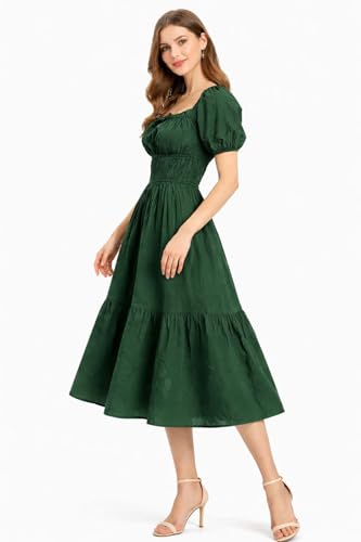 Image of BOOSTY Women's Puff Sleeve Smocked Midi Dress, Square Neck A-Line Dress