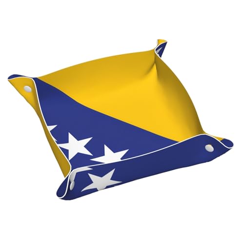 Plateau de rangement en cuir avec drapeau de la Bosnie-Herzégovine - Double face en PVC - Organiseur pour clés, bijoux, bureau et coiffeuse avec fermeture à pression