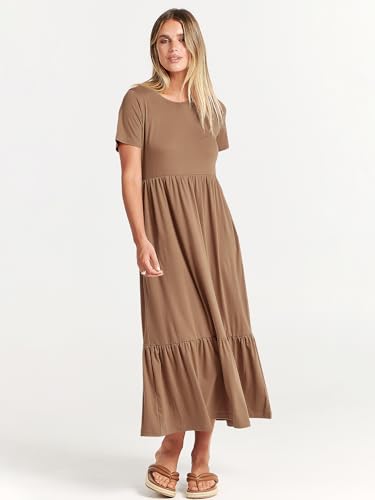 Image of ANRABESS Womens 2026 Summer Casual Maxi Dress A line Tiered Flowy Short Sleeve Crewneck T Shirt Beach Travel Long Dresses