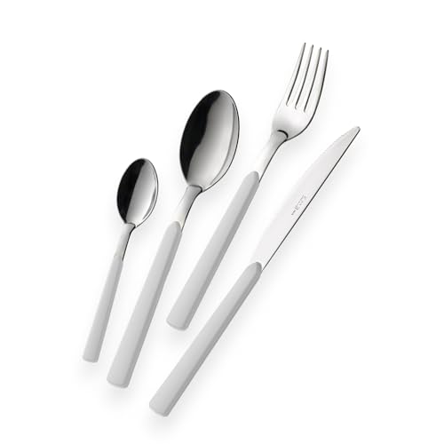 Eme Posaterie Set di 16 Posate Linea Fast, Acciaio inox, Con Manico a Linea, Elegante Set di Posate con Coltello, Forchetta, Cucchiaio per casa, ristorante lavabile in lavastovigli (Bianco)