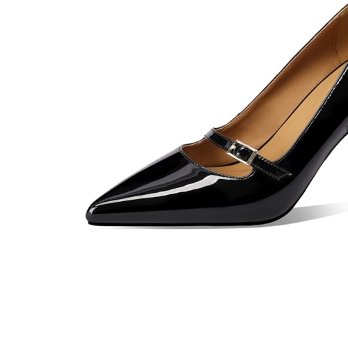 TinaCus Women's Pointed Toe Handmade Buckle High Spool Heels Patent Leather Pumps Shoes3