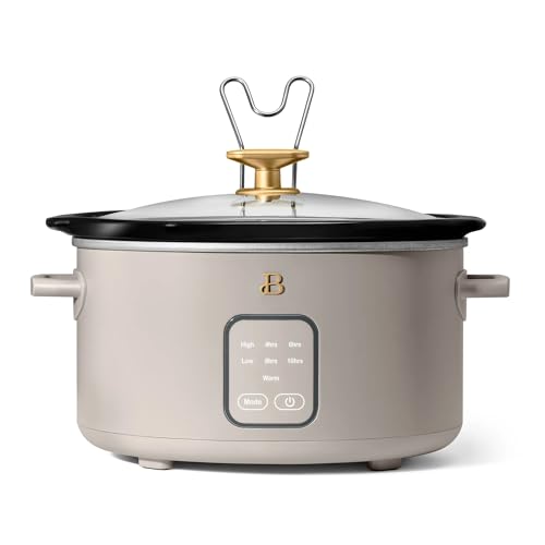 Beautiful by Drew Barrymore 4 Quart Programmable Slow Cooker with Touch Display, Removable Stoneware Pot, 4 Cooking Presets, Auto Warm, Lid Holder, Cool-Touch Handles, Dishwasher Safe (Porcini Taupe)