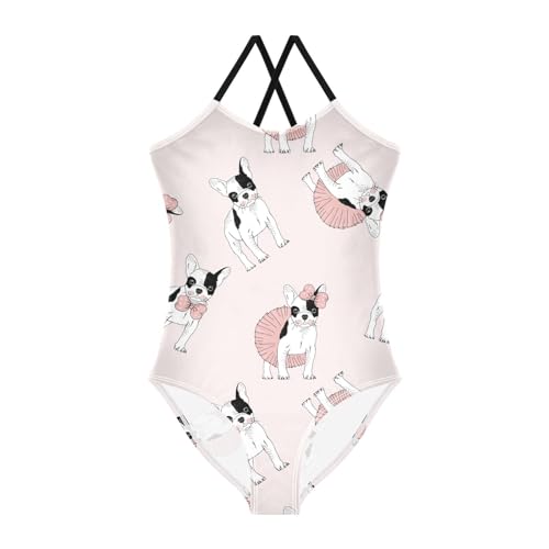 OTVEE Pink French Bulldog Puppy Girls Swimsuit One Piece Cross Back Swimwear