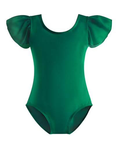 Stelle Girls Leotards Black Ballet Dance Leotards Ruffle Short Sleeve Gymnastics Outfits(Toddler/Little Kid/Big Kid) (Green,130)
