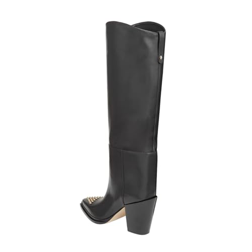 FSJ Women Knee High Boots Triangle Gold Rivets Studs Pointed Toe Chunky Block Heels Sleek Leather Pull On Comfort Casual Wear Shoes Size 4-16 US4