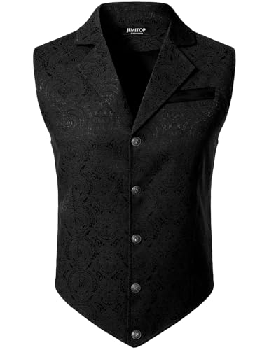 JEMITOP Mens Vintage Gothic Steampunk Victorian Suit Vest Jacquard Slim Fit Sleeveless Waistcoat Black L