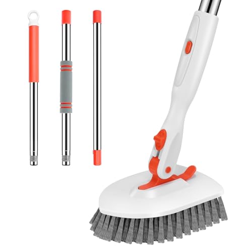 Image of SetSail Floor Scrub Brush, Tile Tub Floor Scrubber with 52-inch Adjustable Long Handle Shower Cleaner Brush for Cleaning Toilet Kitchen Bathroom Tub Tile Wall Sink, White Orange