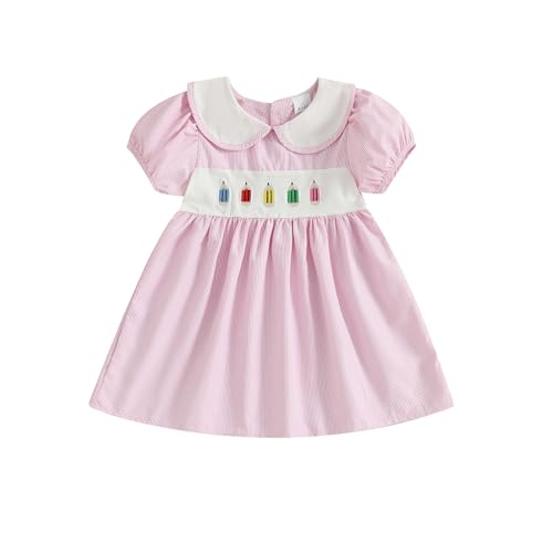 Little Girl Back to School Smocked Dress Apple/Letter Embroidery Doll Collar Dresses Toddler Princess Dress