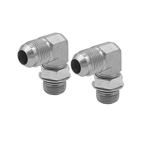 Image of (2-PACK) 6801-04-04-NWO Hydraulic Hose Adapter Fitting 1 /4 inch Male JIC 37 Flare (7 /16-20 UNF) x 1 /4 inch Male Adjustable Nut O-Ring Boss (7 /16-20 UNF) 90 Elbow SAE Pipe Connector Carbon Steel