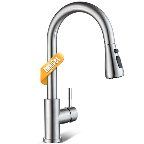 Hiqufet Kitchen Faucet with Pull Down Sprayer, Single Handle High Arc Kitchen Sink Faucet, Lead-Free Stainless Steel Modern Rv Bar Sink Faucets (Brushed Nickel)
