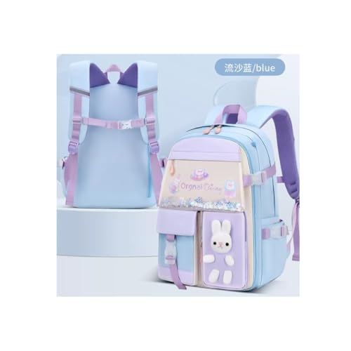 Mochila Escolar Infantil Lal em Nylon, Azul-claro, com Estampa de Coelho, 45 cm x 32 cm x 20 cm