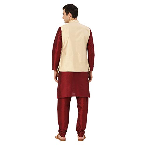 Image of SOJANYA (Since 1958 Men's Cotton Linen Maroon Kurta and White Pyjama with Mustard Cotton Nehru Jacket