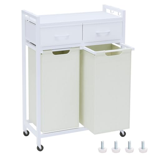 Image of Timberer Laundry Hamper, Laundry Sorter 2 Section, Rolling Laundry Basket with Wheels, 2 Drawers, 2 × 14.5 Gal (55 L), Pull-Out and Removable Oxford Fabric Bags, White and Beige