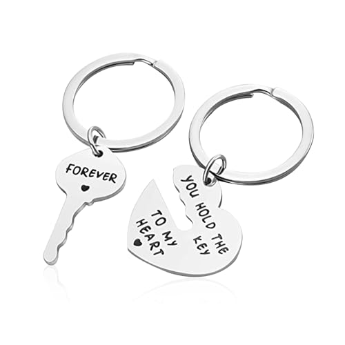 NYGGTYK 1 par de porta-chaves personalizados em forma de coração, presente romântico do dia dos namorados, chaveiro de amor, porta-chaves de aço inoxidável, prata, tamanho único