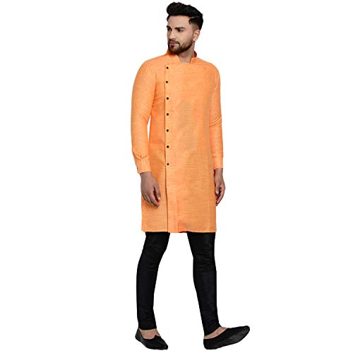 Image of Veera Paridhaan Men's Ethnic Poly Cotton Full Sleeve Textured Side Button Long Kurta(Orange)