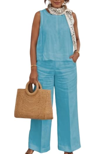 Women's Solid Color Linen Casual Suit 2 Piece Summer Loose Linen Sets Sleeveless Tops Wide Leg Pants Suits