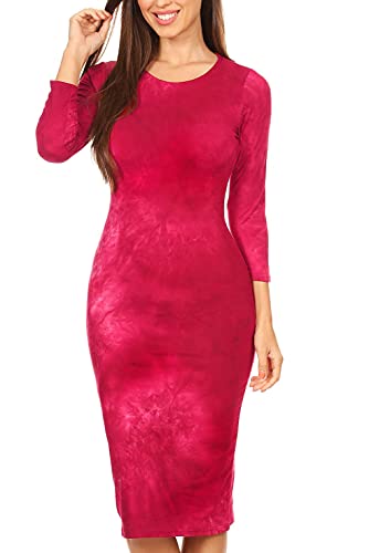 Image of ICONOFLASH Women's 3 /4 Sleeves Midi Bodycon Dress Crew Neck Fitted Dresses with Plus Size Options