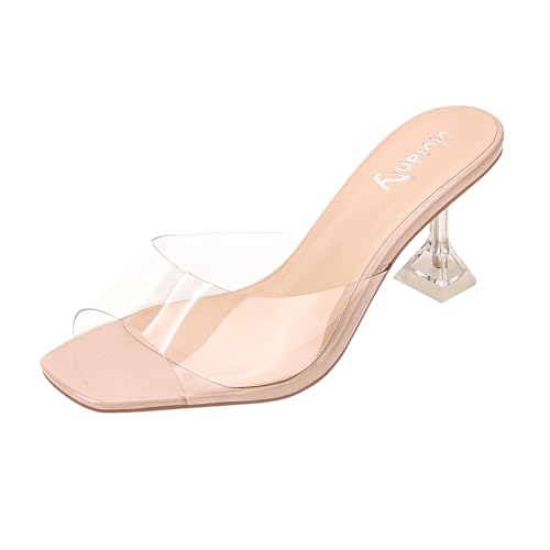 vivianly Womens Clear Heels Sandals Transparent Stiletto Heel Slippers Backless Peep Toe Slip on Heeled Mules