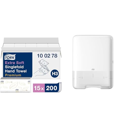 Tork extra weiche Zickzack Papierhandtücher Premium 100278 & Spender für Zickzack-Handtücher Weiß H3, Elevation Design, 553000